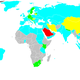 Distribución actual de los formatos de fecha en el mundo. En rosa, el MDA. En azul, el DMA. Mapa: Wikipedia
